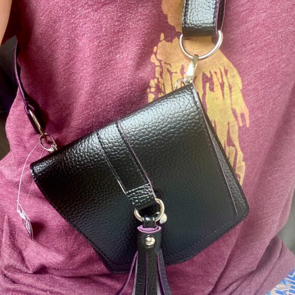 Bijoux Terner Black w Purple Trim Vegan Leather Mini Crossbody Belt Bag - Picture 11 of 11